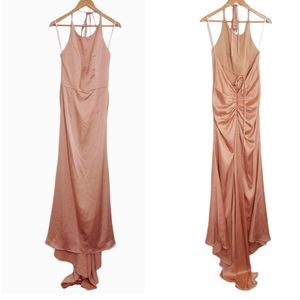 NEW Jarlo Rose Gold Satin High Neck Halter Dress with Train